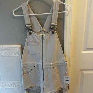 Free People Off-White Frayed Hem Overalls